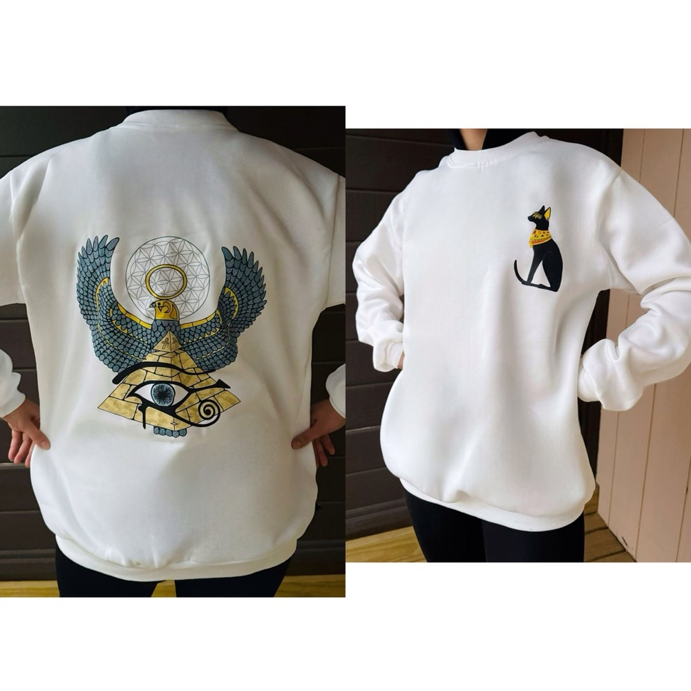 White Crewneck Sweater with Egyptian Design